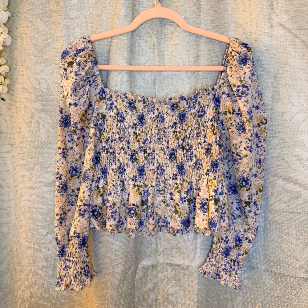 En Saison Women S Blue Floral Smocked Crop Peplum Top Puff Long Sleeve